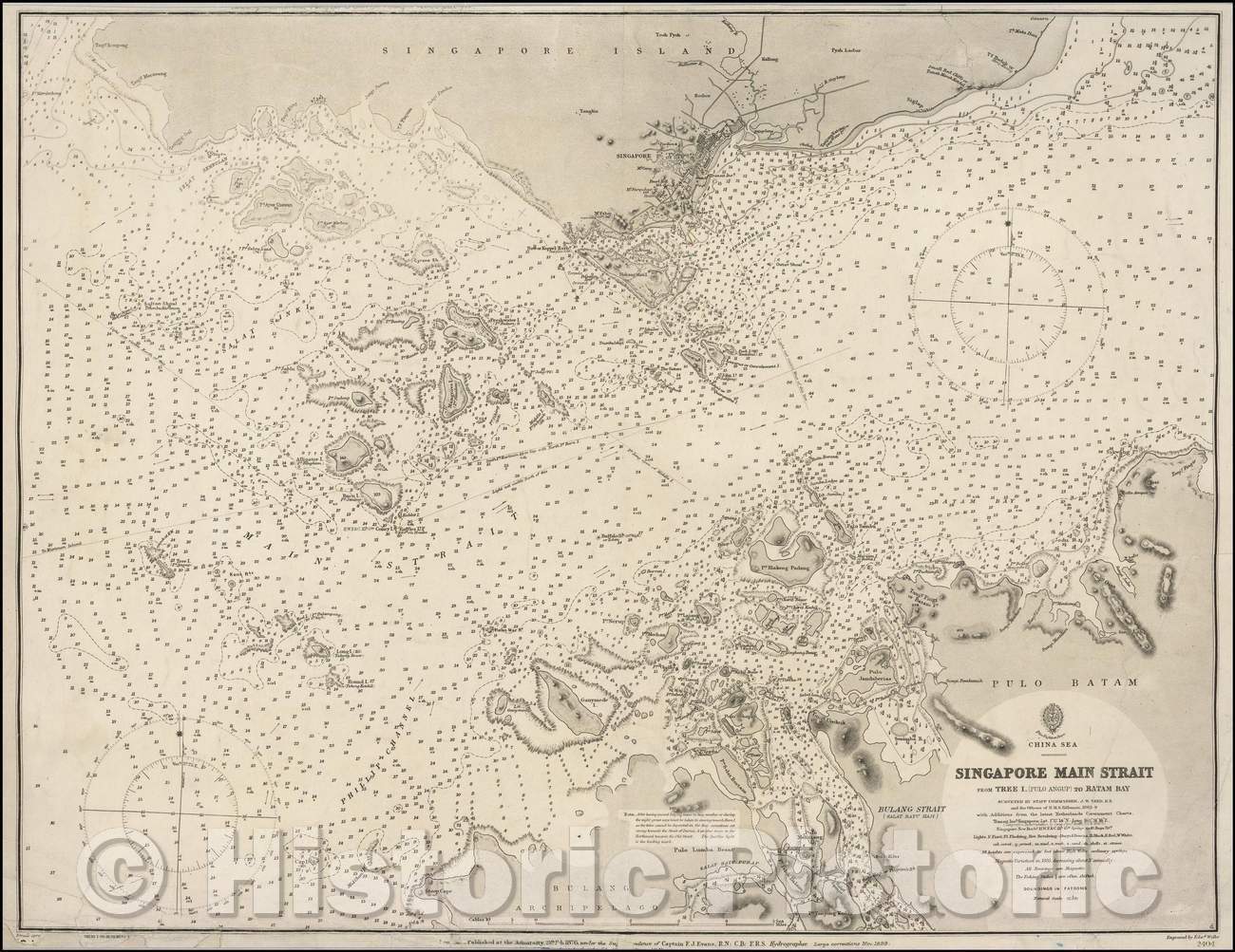 Historic Map - Singapore Main Strait From Tree I. (Pulo Angup) to Batam Bay Surveyed, 1867, British Admiralty - Vintage Wall Art