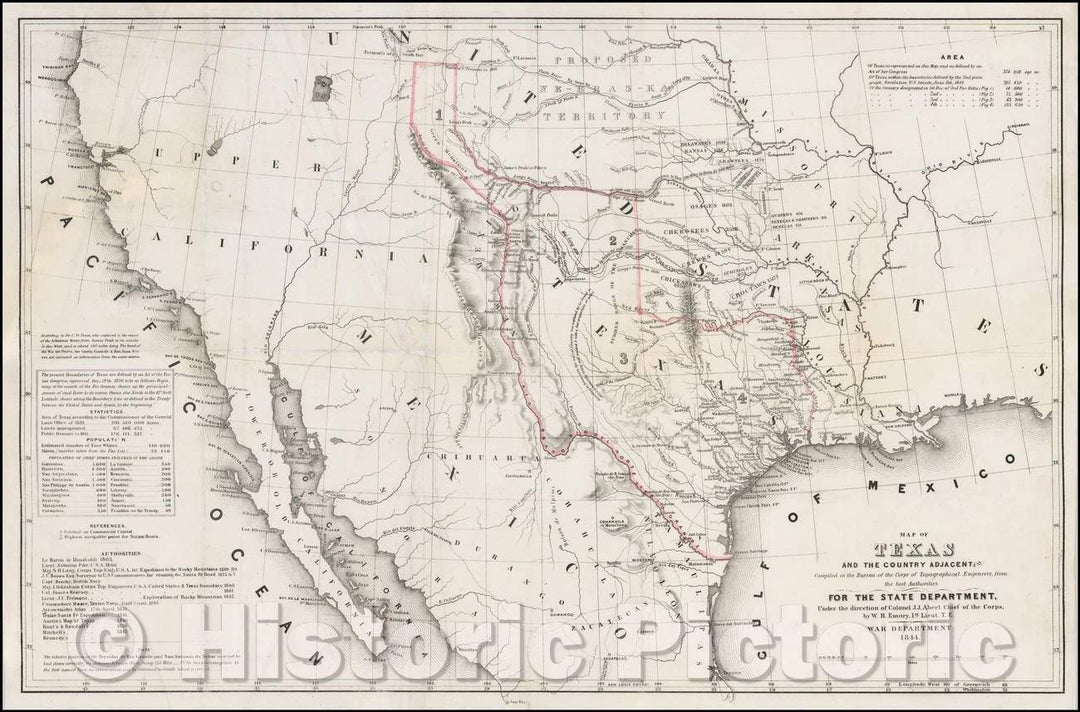 Historic Map - Map of Texas and the Country Adjacent, compiled in the Bureau of the Corps of Topographical Engineers, 1844, William Hemsley Emory - Vintage Wall Art