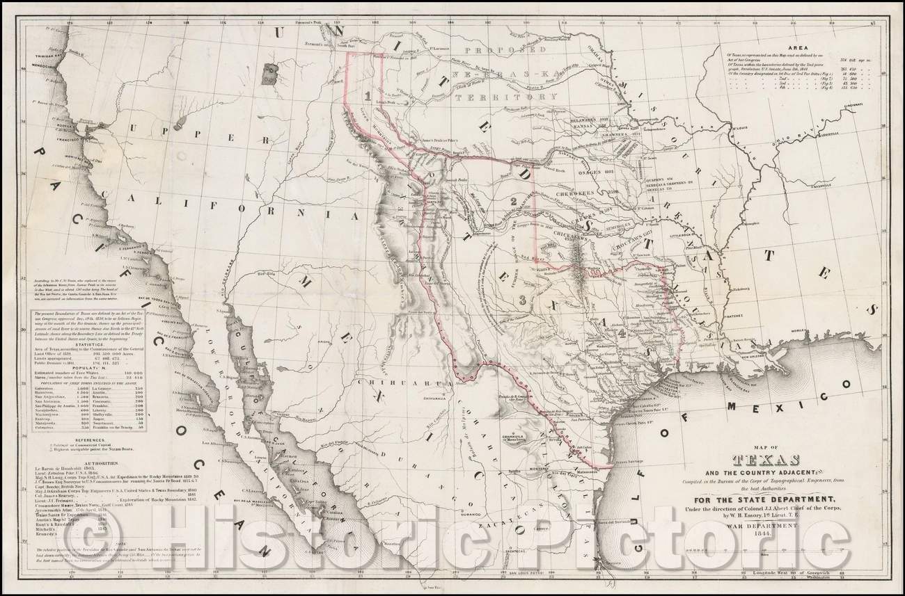 Historic Map - Map of Texas and the Country Adjacent, compiled in the Bureau of the Corps of Topographical Engineers, 1844, William Hemsley Emory - Vintage Wall Art