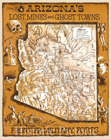 Historic Map - Arizona Lost Mines and Ghost Towns Early Spanish Missions, 1963, Larry Toschik - Vintage Wall Art