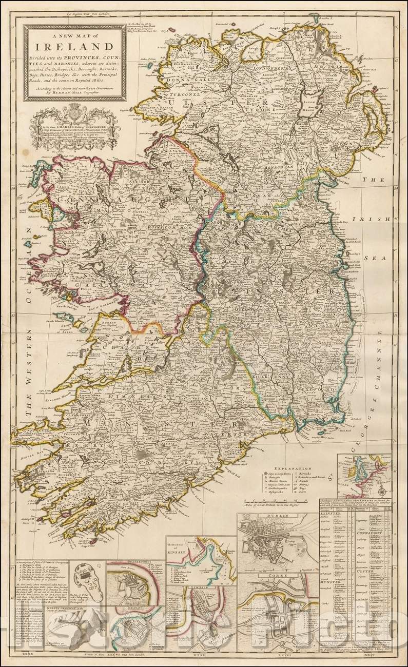 Historic Map - Ireland Divided into its Counties, Provinces, and Baronies, wherein are Distinguished the Bishopricks, Borroughs, Barracks, Bogs, Passes, 1714 - Vintage Wall Art