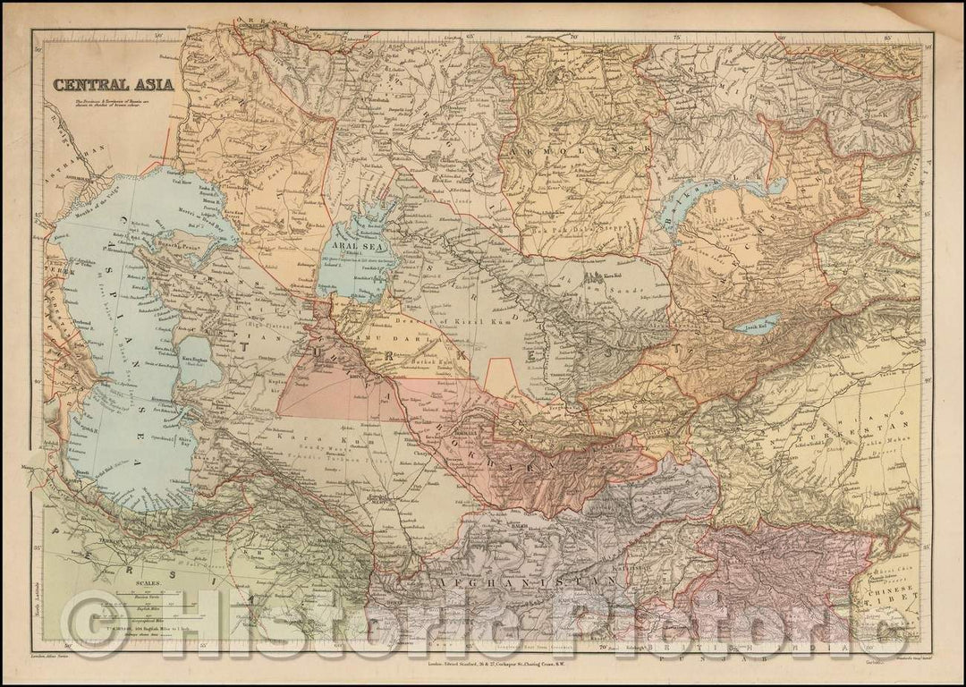 Historic Map - Central Asia (Caspian Sea, Turkmenistan, Uzbekistan, Southern Kazakhstan, Tajikistan, Kyrgystan, Northern Afghanistnan), 1896, Edward Stanford - Vintage Wall Art