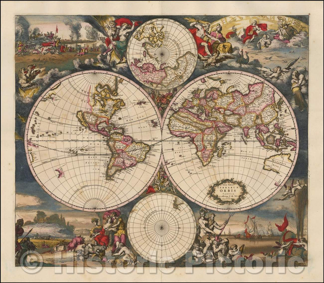 Historic Map - Nova Totius Terrarum Orbis Tabula ex officina F. de Wit Amstelodami/Nice of the first state of Danckerts' Map of the World, 1668 - Vintage Wall Art