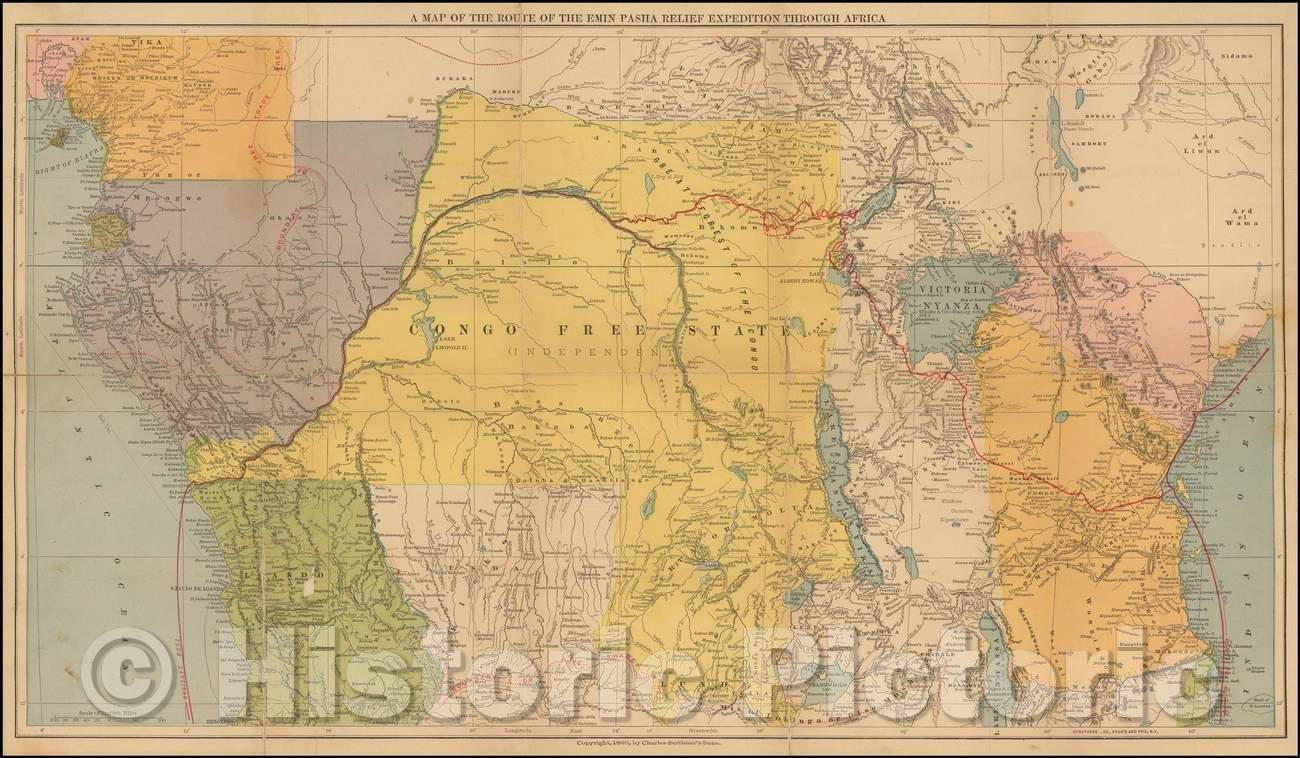 Historic Map - Route of the Emin Pasha Relief Expedition Through Africa, 1890, Charles Scribner & Co. - Vintage Wall Art