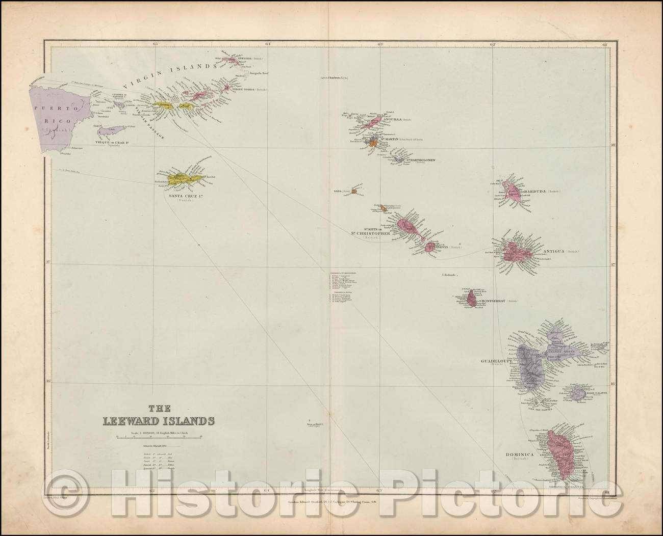 Historic Map - The Leeward Islands (Virgin Islands, St. Barts, St. Martin, St. Kitts, Antigua, Guadalupe, Dominica, etc.), 1896, Edward Stanford - Vintage Wall Art