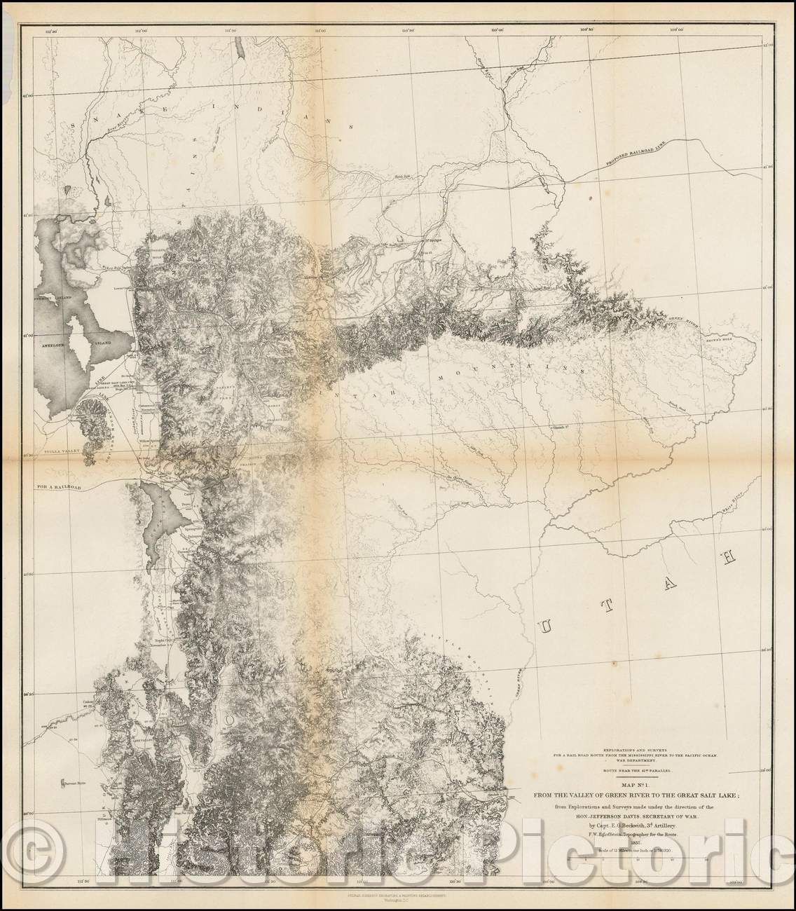 Historic Map - Map No. 1 From The Valley of Green River To The Salt Lake; from Explorations and Surveys maade, 1861, U.S. Pacific RR Surveys - Vintage Wall Art