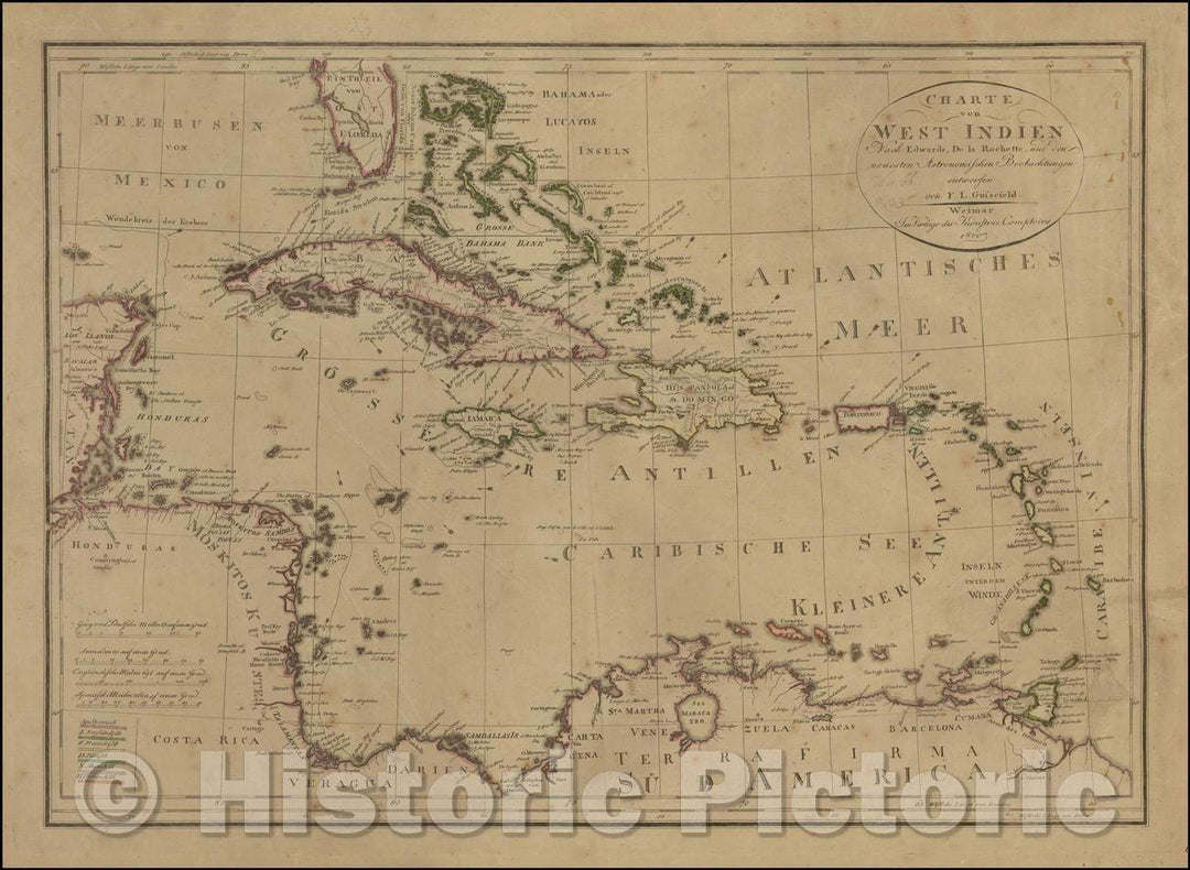 Historic Map - Charte von West Indien nach der grossen Charte des B. Edwards :: Gussefeld's of South Florida, the Caribbean and coastlines of Central America, 1800 - Vintage Wall Art