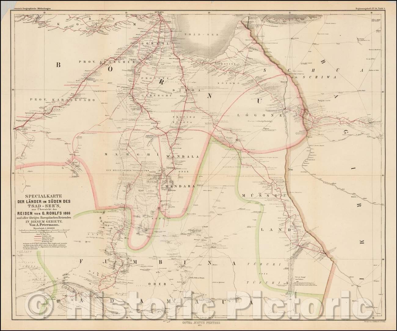 Historic Map - Specialkarte Der Lander im Suden Des Tsad-See's, zur Ubersicht der Reisehn/Map of central Africa, south of Lake Chad, Gerhard Rohlf, 1872 - Vintage Wall Art