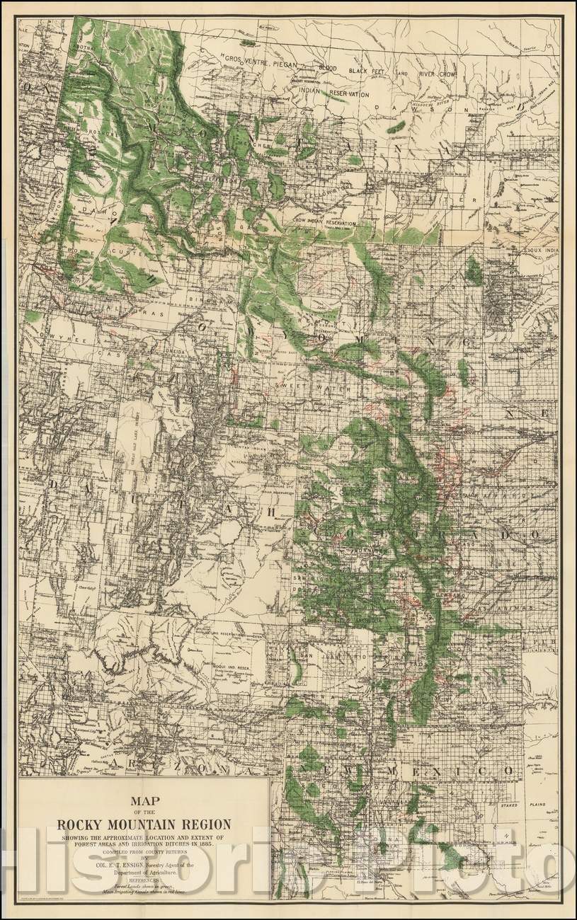 Historic Map - Map of the Rocky Mountain Region Showing The Approximate Location And Extent of Forest Areas And Irrigation Ditches In, 1885, Hoen & Co. v4