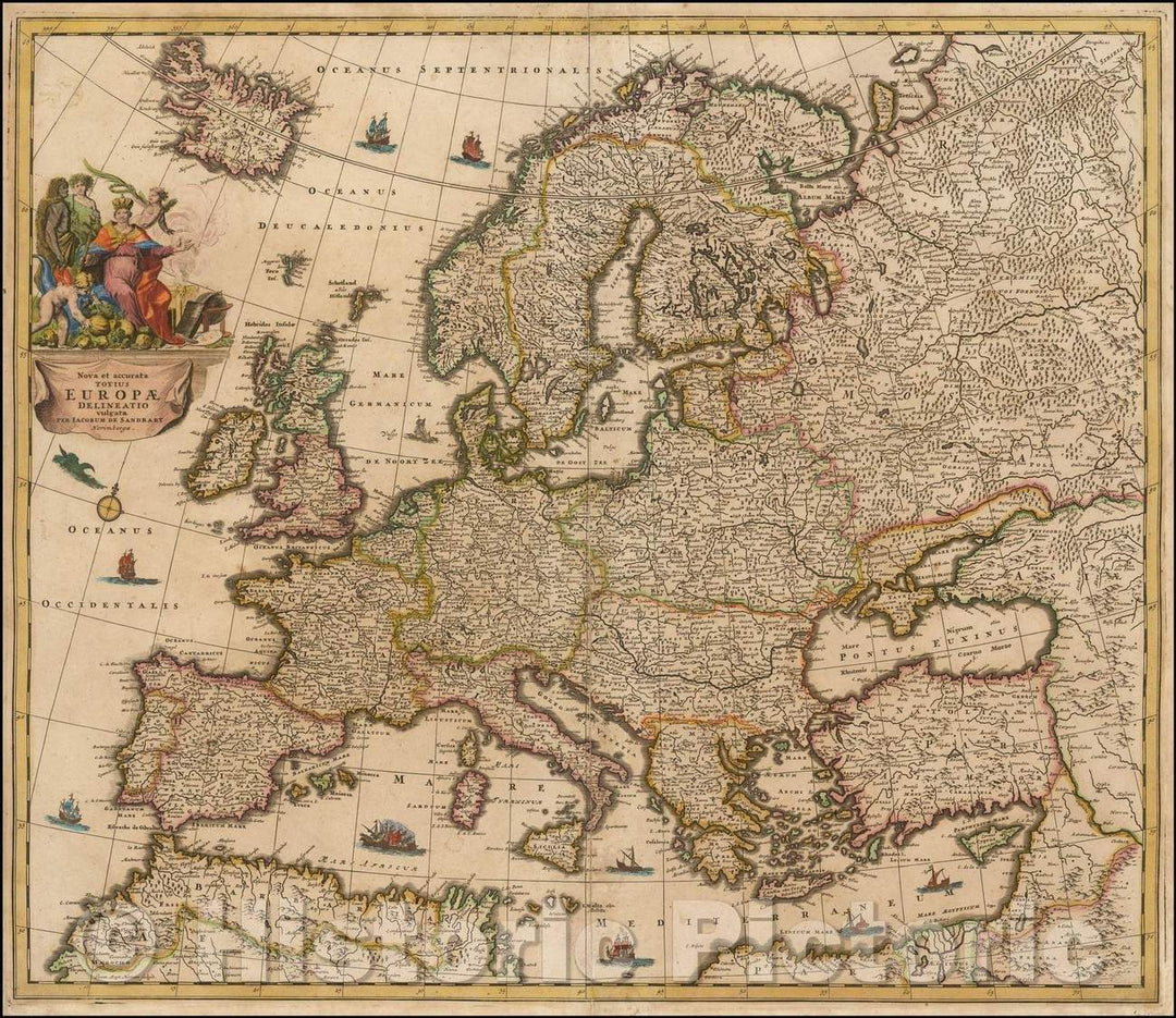 Historic Map - Nova et accurata Totius Europae Delineatio vulgata/Map of Europe, published by Jakob Sandrart, 1697, Jacob Sandrart - Vintage Wall Art