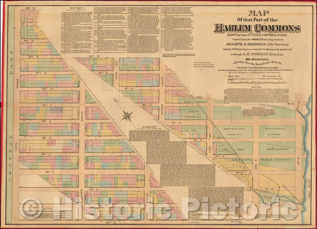 Historic Map - Map Of that Part of the Harlem Commons East of the 5th Ave & Central Park, 1871, John Bute Holmes - Vintage Wall Art