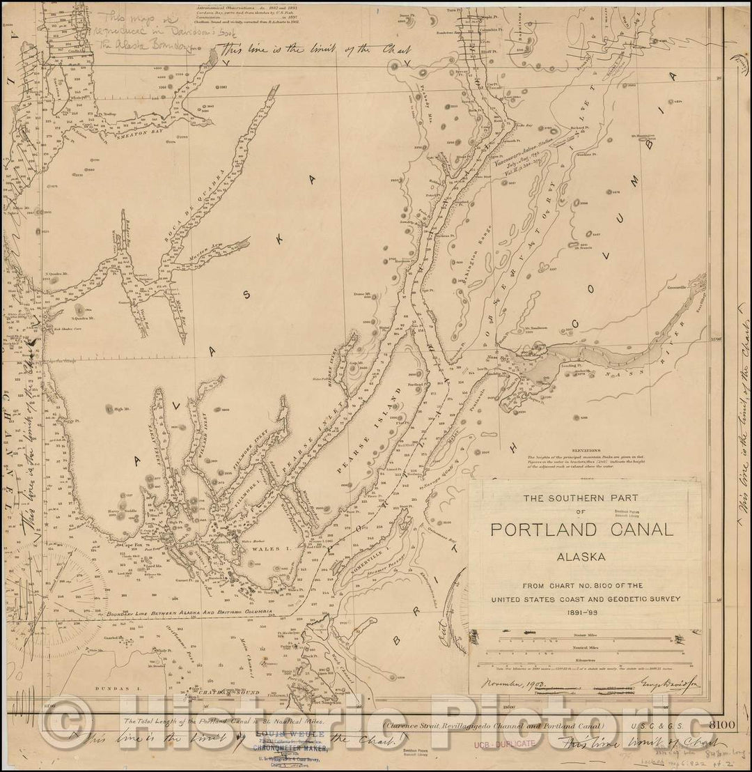 Historic Map - The Southern Part of Portland Canal Alaska From Chart No. 8100 of the United States Coast and Geodetic Survey 1891-99, 1903 - Vintage Wall Art