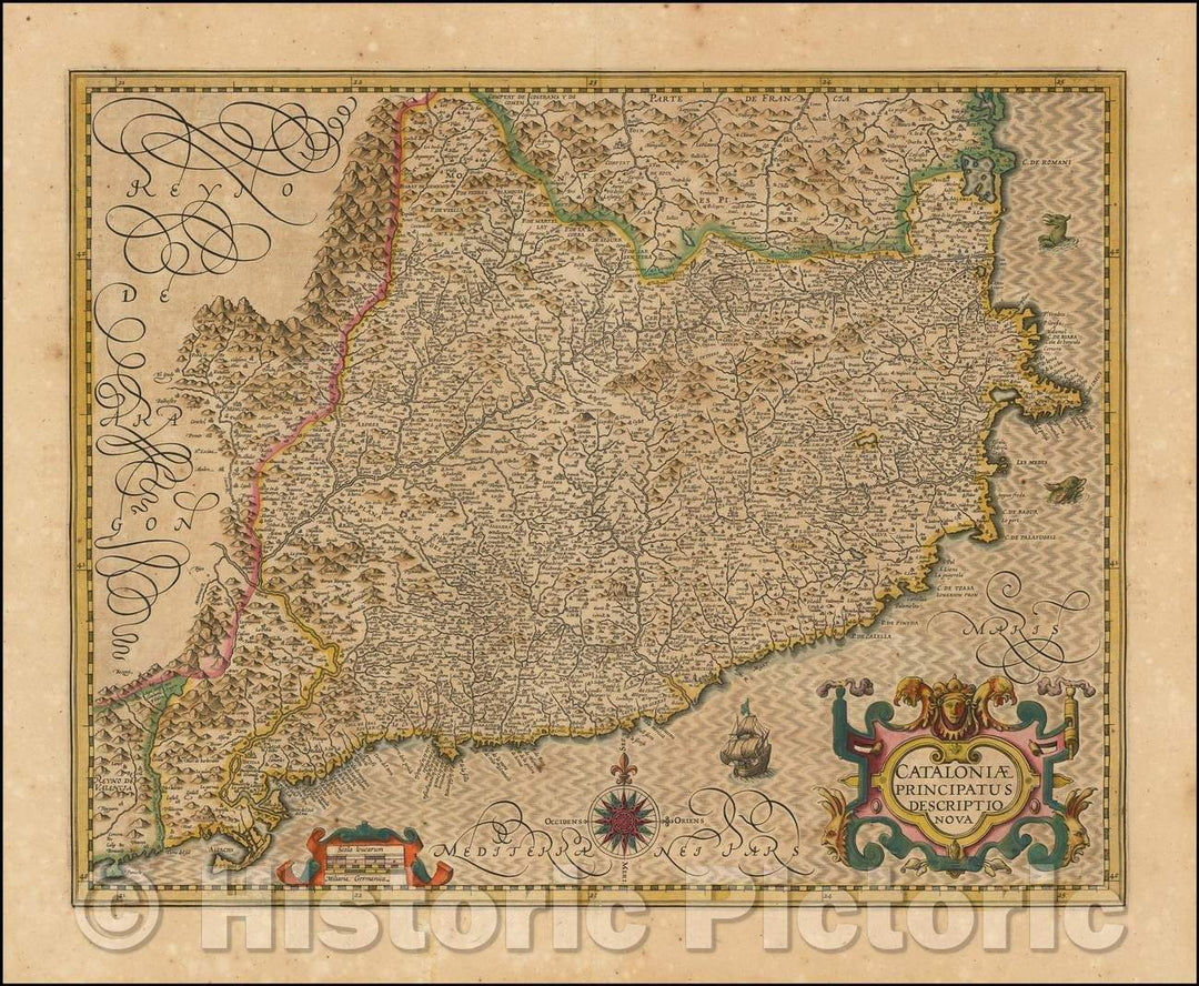 Historic Map - Cataloniae Principatus Descriptio Nova/New government Cataloniae Description, 1619, Jodocus Hondius - Vintage Wall Art