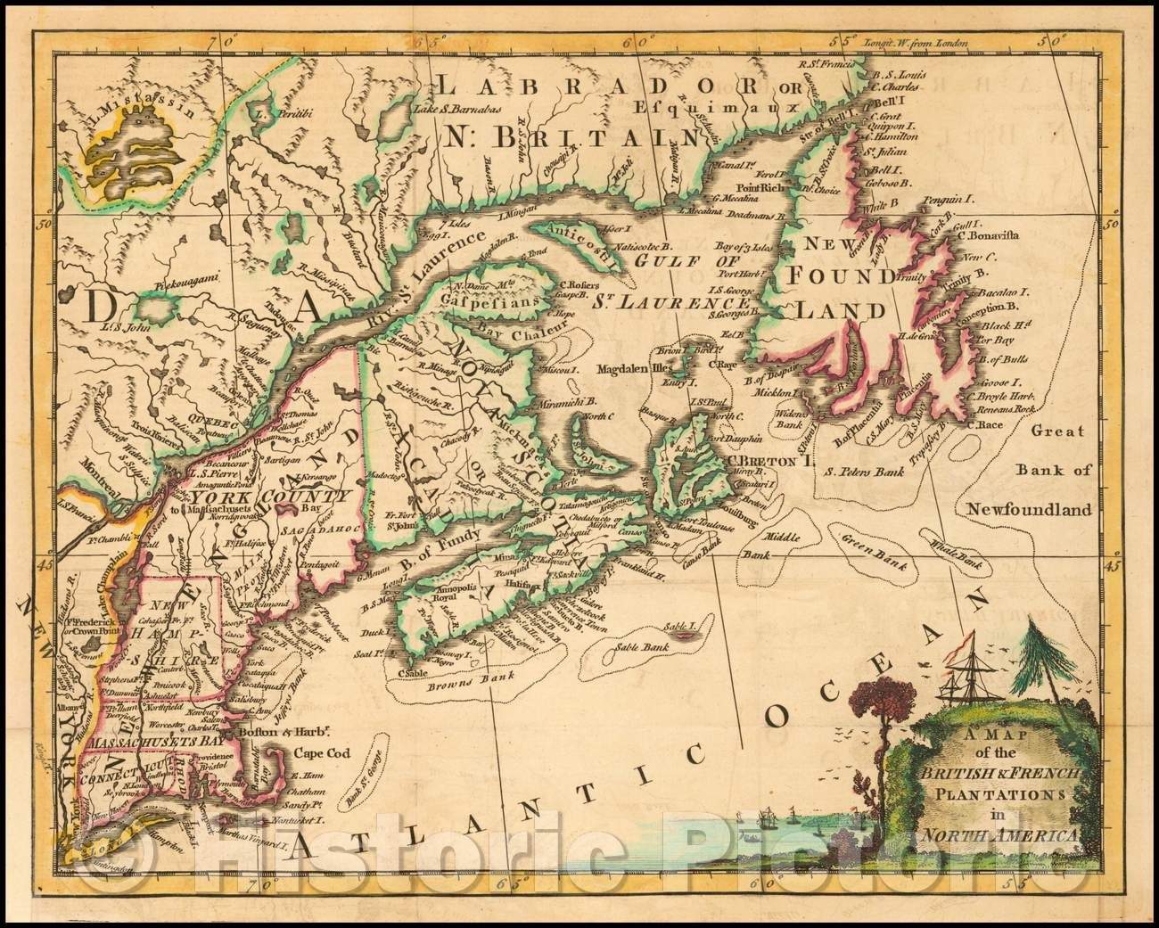 Historic Map - British & French Plantations in North America, 1755, London Magazine - Vintage Wall Art