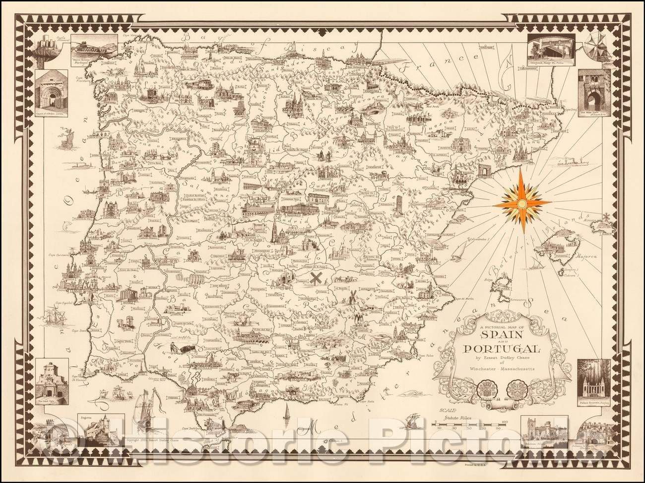 Historic Map - A Pictorial Map of Spain & Portugal, 1935, Ernest Dudley Chase - Vintage Wall Art