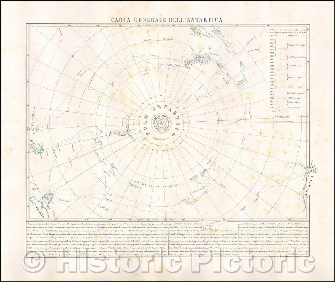 Historic Map - Carta Generale Dell' Antarctica/Map of the Antarctic Regions, by Neapolitan Mapmaker, Benedetto Marzolla, 1842, Benedetto Marzolla - Vintage Wall Art