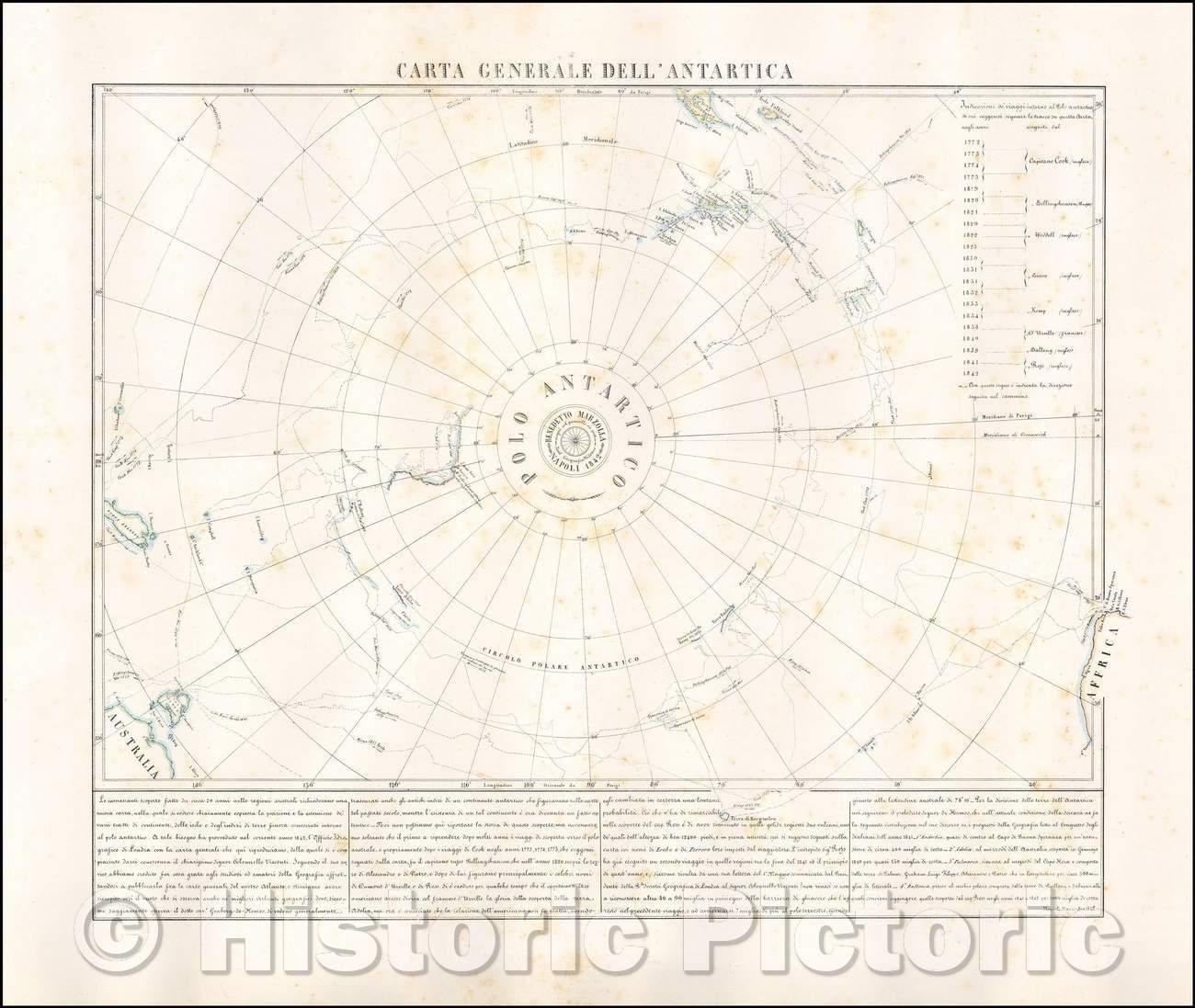 Historic Map - Carta Generale Dell' Antarctica/Map of the Antarctic Regions, by Neapolitan Mapmaker, Benedetto Marzolla, 1842, Benedetto Marzolla - Vintage Wall Art