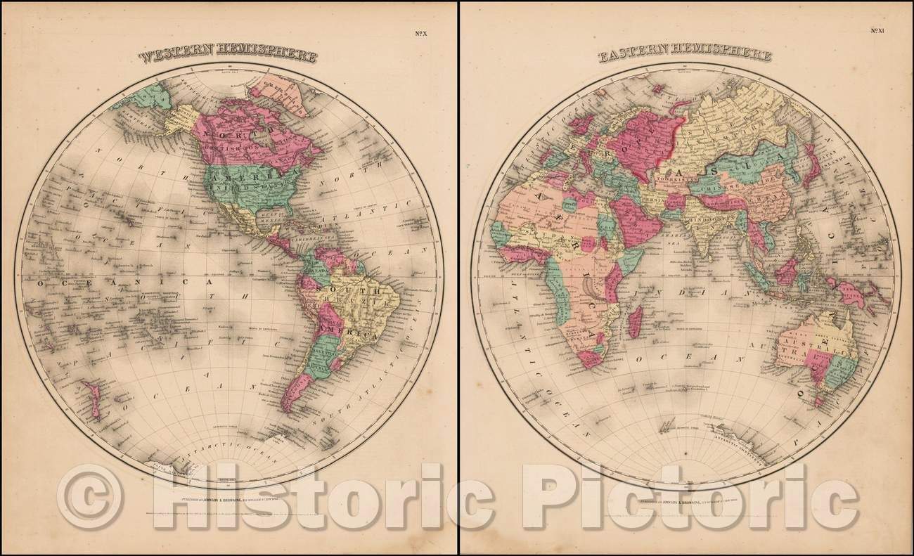 Historic Map - Johnson's Western Hemisphere & Johnson's Eastern Hemisphere, 1861, Alvin Jewett Johnson v2