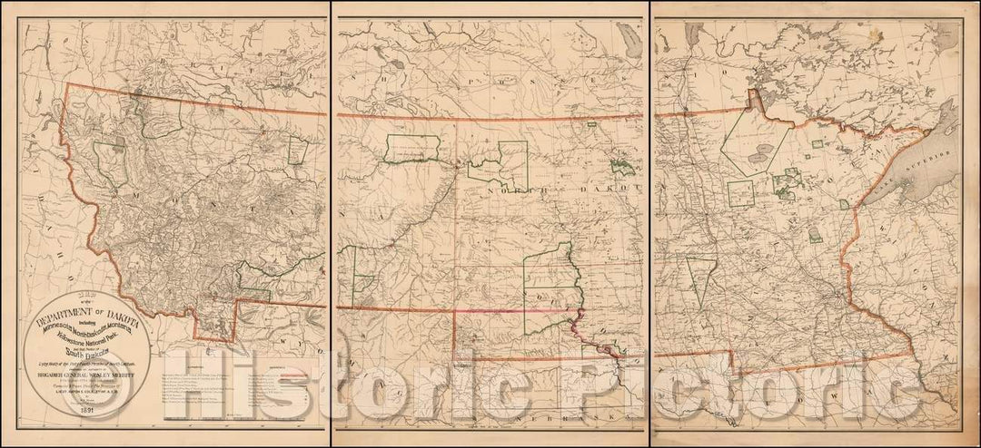 Historic Map - Map of Dakota. Including Minnesota, North Dakota, Montana, Yellowstone National Park and that Portion of South Dakota, Lying North, 1891 - Vintage Wall Art