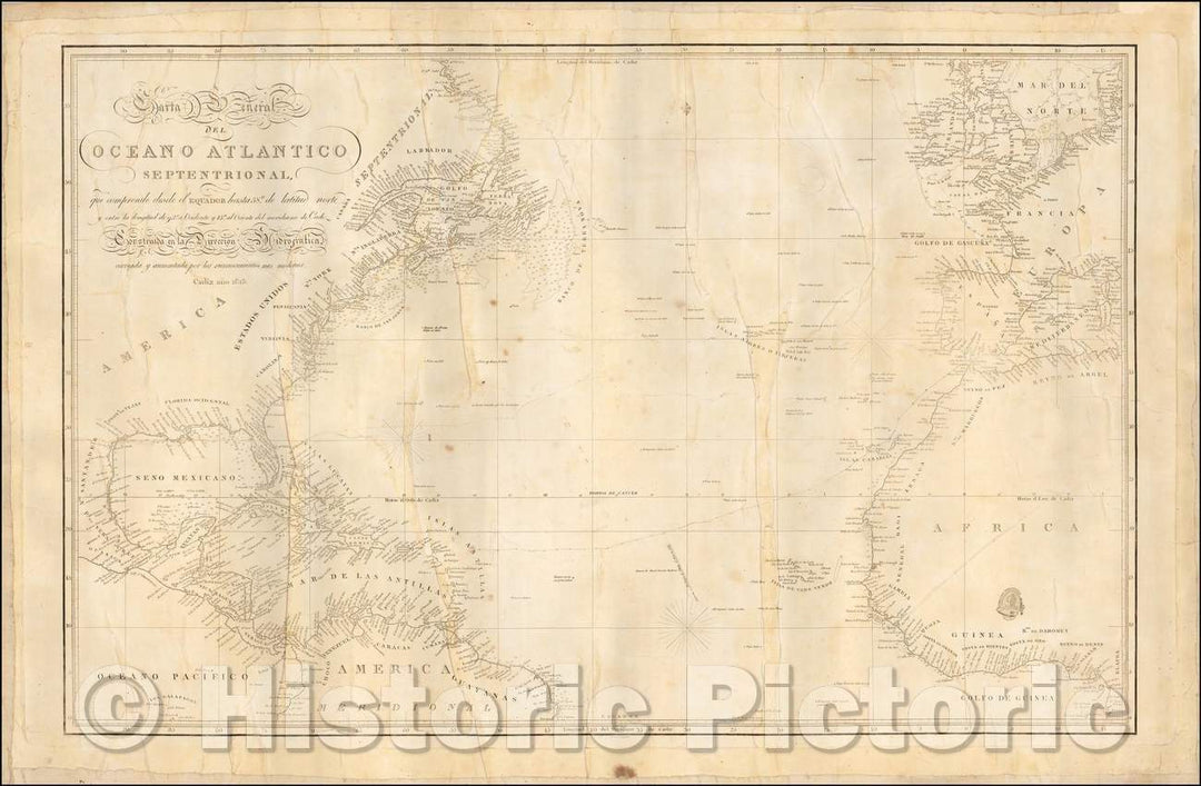 Historic Map - Carta General del Oceano Atlantico Septentrional/Spanish Sea Chart of the Atlantic Ocean, Spain and parts of Ireland, England, France, 1813 - Vintage Wall Art