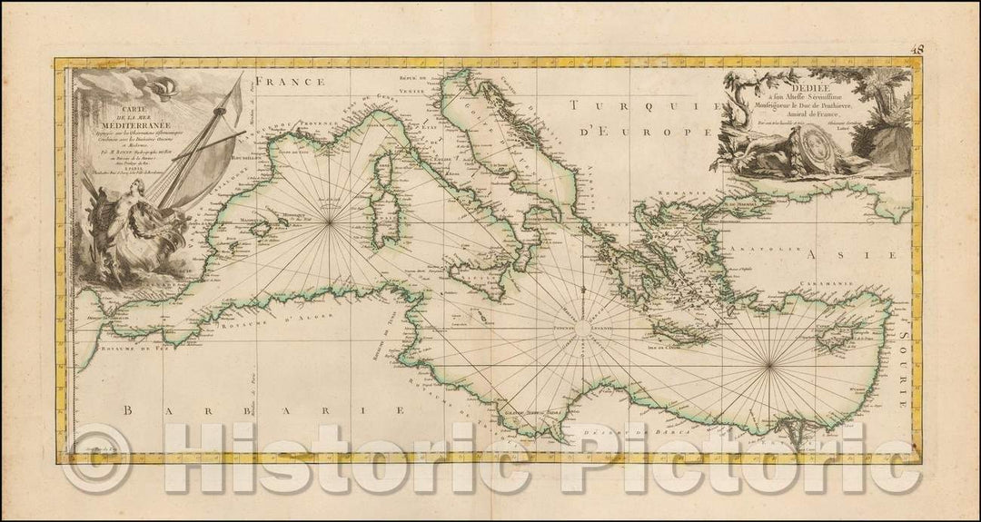 Historic Map - Carte de la Mer M?iterran? Appuy? sur les Observations Astronomiques Combin?/Sea Chart of the Mediterranean Sea, 1780, Rigobert Bonne - Vintage Wall Art