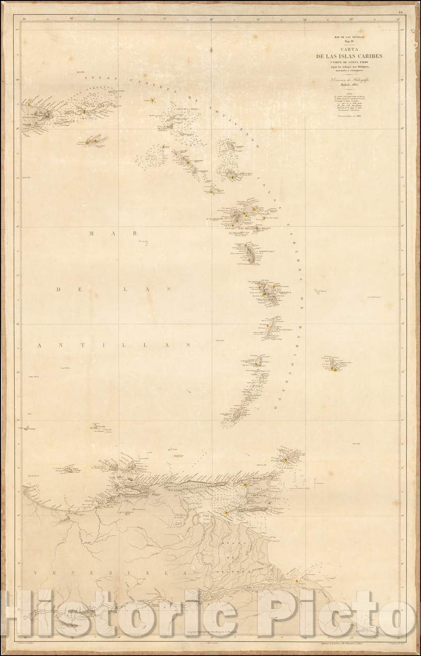 Historic Map - Carta De Las Islas y Parte de Costa Firme segun los trabajos/Sea Chart of eastern Caribbean Ocean and coastline of South America, 1868 - Vintage Wall Art