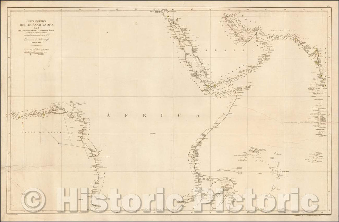 Historic Map - Carta Esferica De Ocean Indio Hoja I Que Comprehende Desde :: Spanish Sea Chart of a section of the east and west coast of Africa, Madagascar, 1861 - Vintage Wall Art