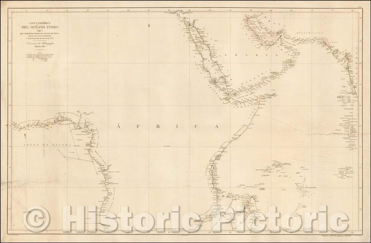 Historic Map - Carta Esferica De Ocean Indio Hoja I Que Comprehende Desde :: Spanish Sea Chart of a section of the east and west coast of Africa, Madagascar, 1861 - Vintage Wall Art