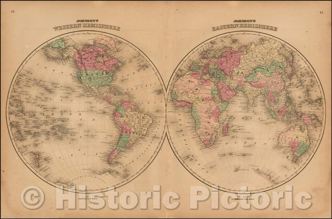 Historic Map - Johnson's Western Hemisphere & Johnson's Eastern Hemisphere, 1866, Alvin Jewett Johnson - Vintage Wall Art