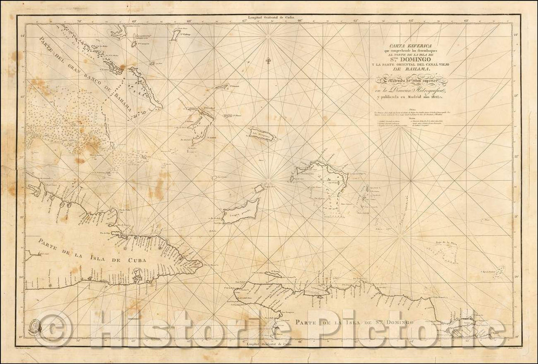 Historic Map - Carta Esferica que comprende los desemboques/[Bahamas, Cuba, Santa Domingo] Letter Spherical comprising the North of the Island, 1802 - Vintage Wall Art