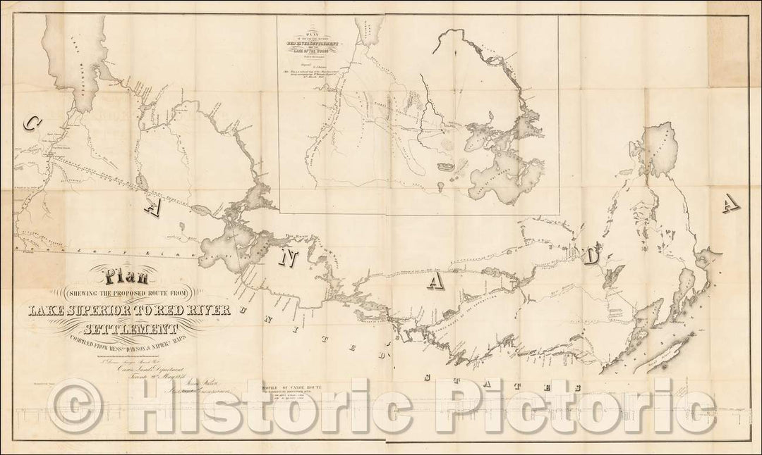 Historic Map - Plan Shewing The Proposed Route From Lake Superior To Red River Settlement, 1858, Henry Y. Hind - Vintage Wall Art