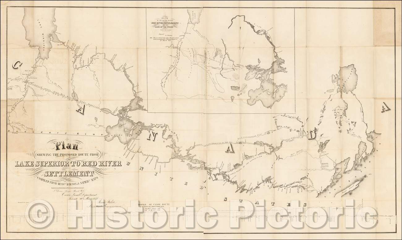 Historic Map - Plan Shewing The Proposed Route From Lake Superior To Red River Settlement, 1858, Henry Y. Hind - Vintage Wall Art