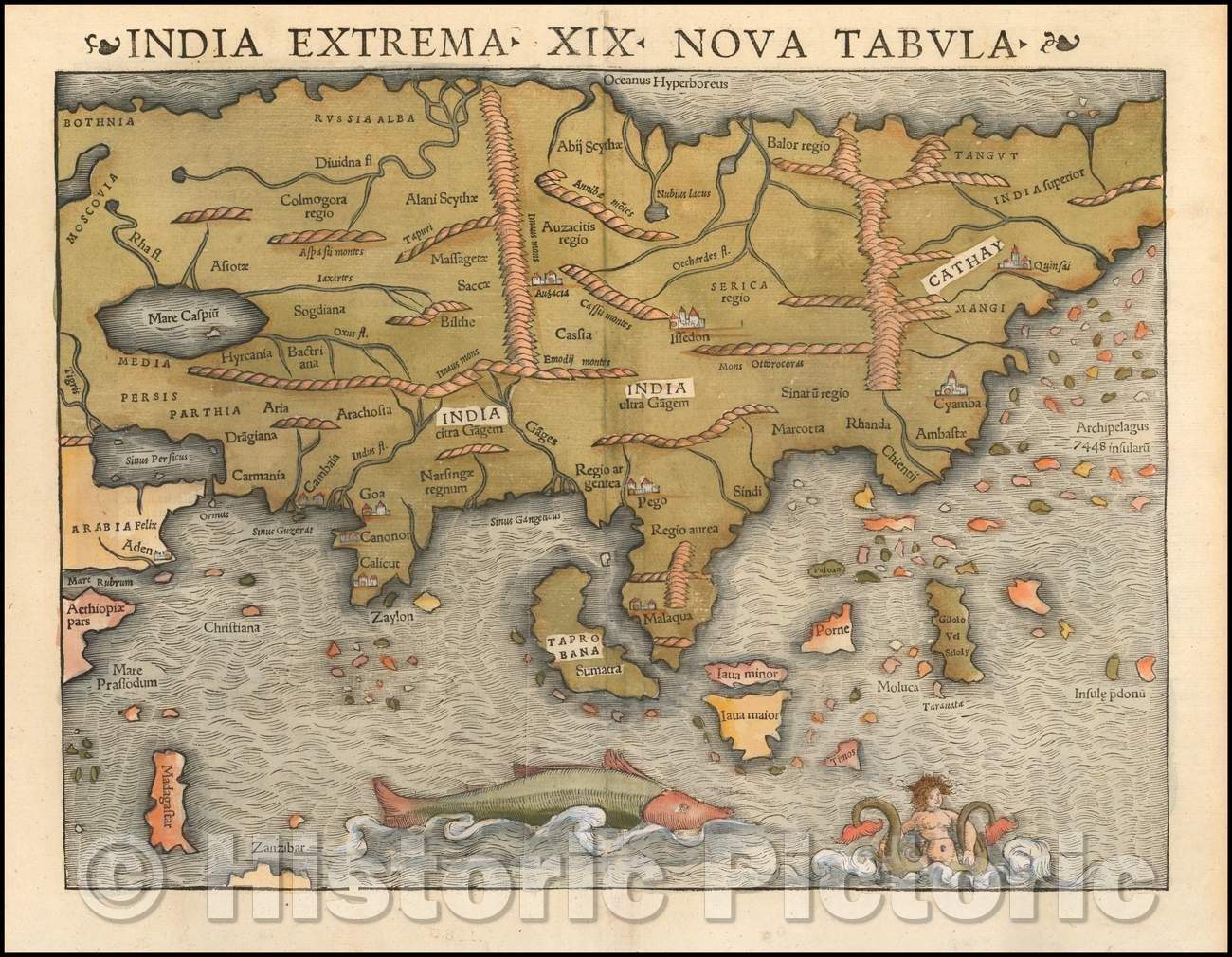 Historic Map - India Extrema XIX Nova Tabula 1st Printed Map of Asia, 1542, Sebastian M?nster - Vintage Wall Art