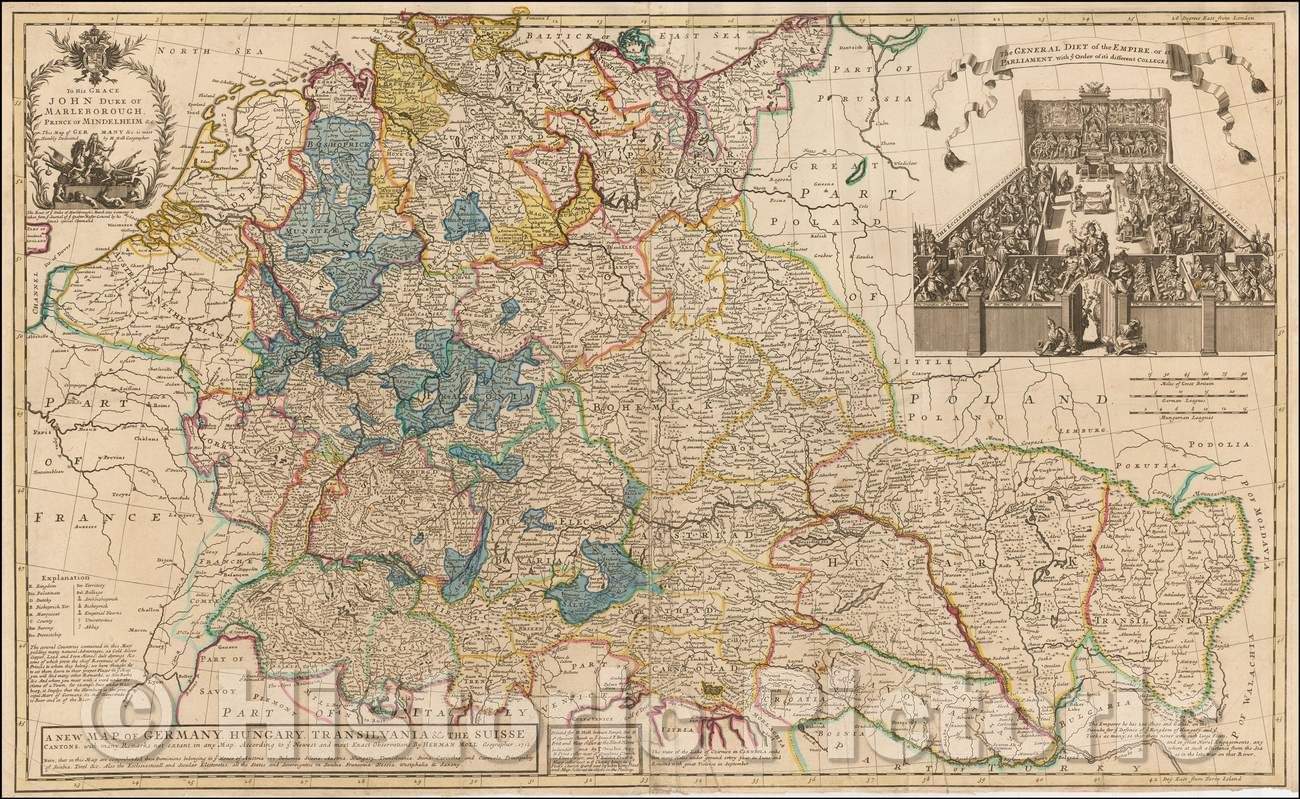 Historic Map - Germany, Hungary, Transilvania & the Suisse Cantons, with Many Remarks Not Extant in any Map, 1712, Herman Moll v2