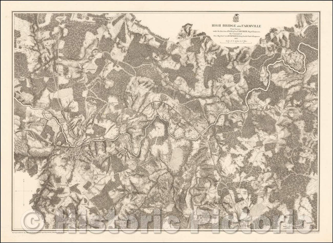 Historic Map - High Bridge and Farmville From Surveys, 1867, United States War Dept. - Vintage Wall Art