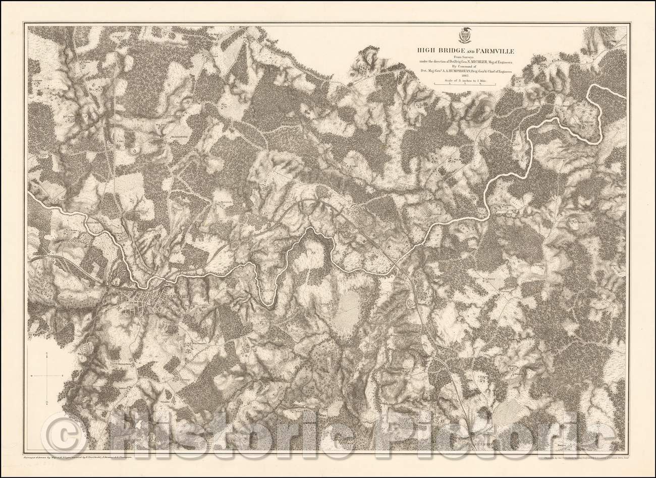 Historic Map - High Bridge and Farmville From Surveys, 1867, United States War Dept. - Vintage Wall Art