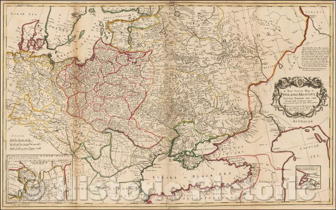 Historic Map - A New Correct Map of Poland, Moscovy, Little Tartary and the Black and Caspian Seas. Done from the latest & best Observations, 1735 - Vintage Wall Art