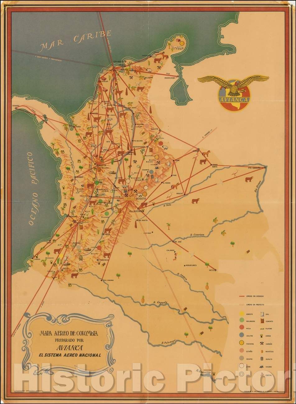 Historic Map - Mapa Aereo De Colombia Preparado Por Avianca El Sistema Aereo Nacional/Map of Colombia, domestic air routes flown by Avianca, 1946 - Vintage Wall Art