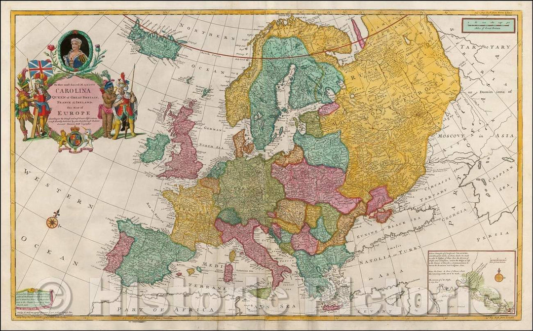 Historic Map - Carolina Queen of Great Britain, France & Ireland, 1727, Herman Moll - Vintage Wall Art