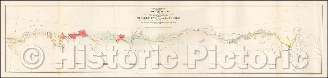 Historic Map - Geological Map of the Route explored, 1854, U.S. Pacific RR Surveys - Vintage Wall Art