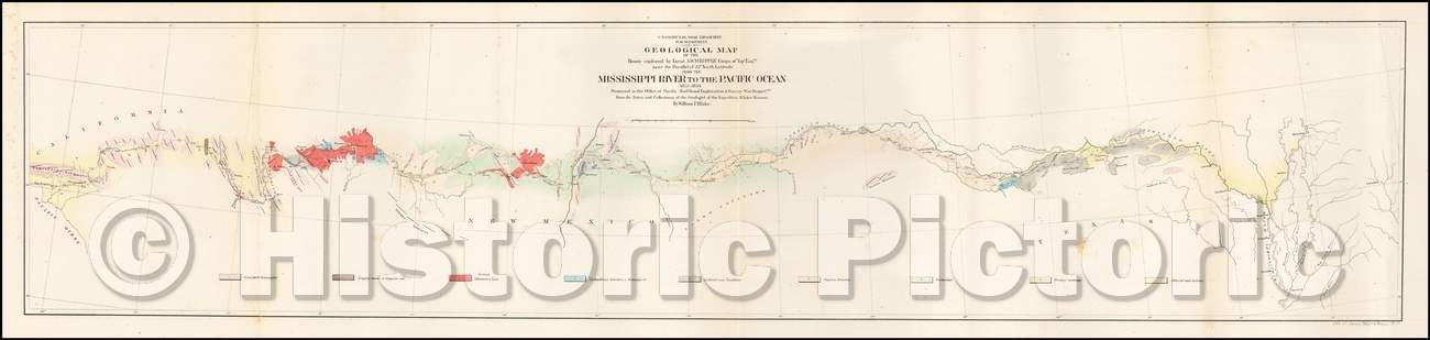 Historic Map - Geological Map of the Route explored, 1854, U.S. Pacific RR Surveys - Vintage Wall Art