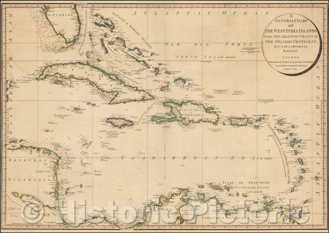 Historic Map - A General Chart of The West India Islands with The Adjacent Coasts of the Spanish Continent, 1796, William Faden v2