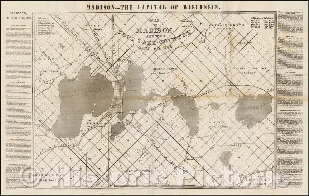 Historic Map - Map of Madison and the Four Lake Country Dane Co. Wis, 1854, Anonymous - Vintage Wall Art