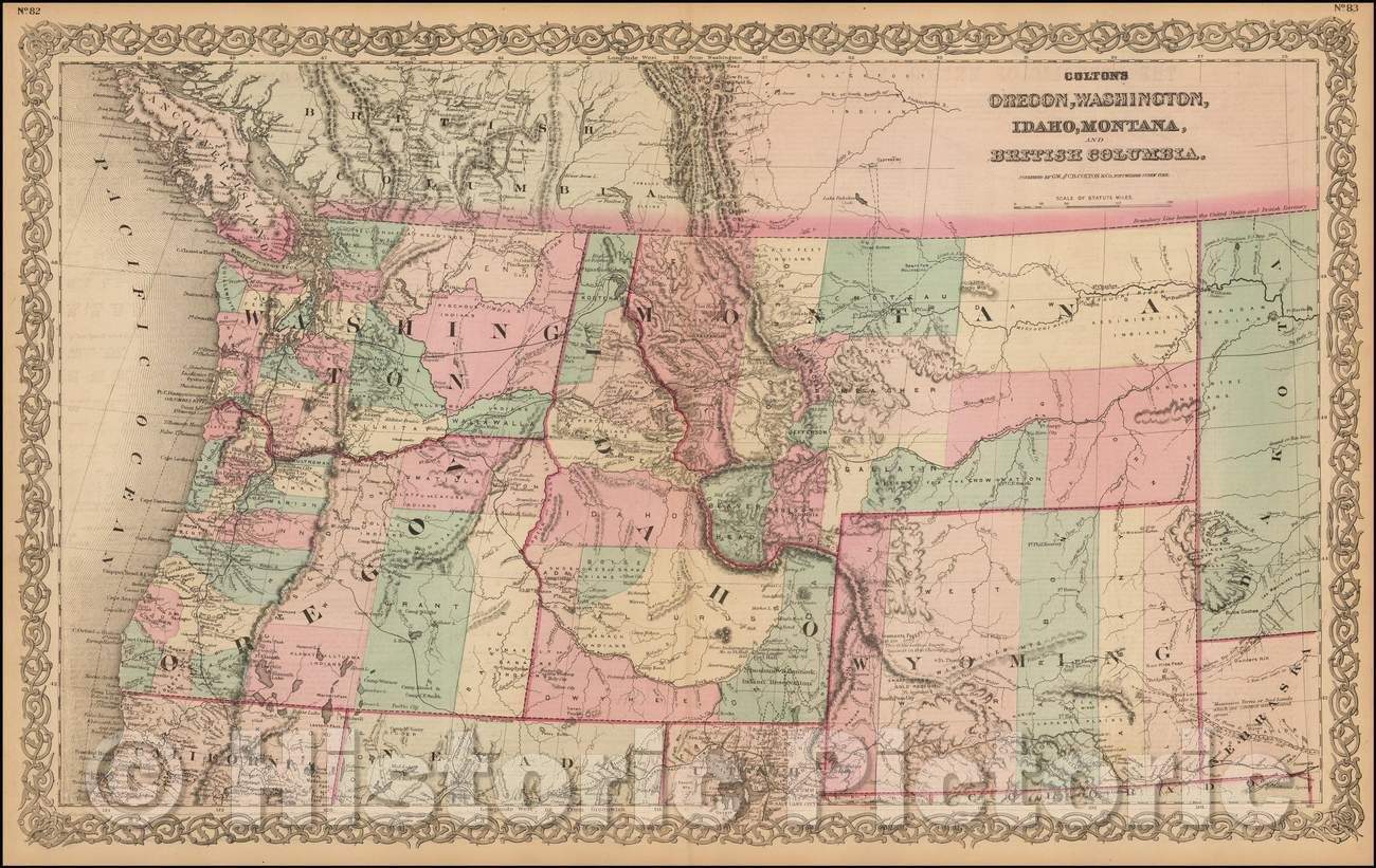 Historic Map - Colton's Oregon, Washington, Idaho, Montana, and British Columbia [with Wyoming named], 1872, G.W. & C.B. Colton - Vintage Wall Art