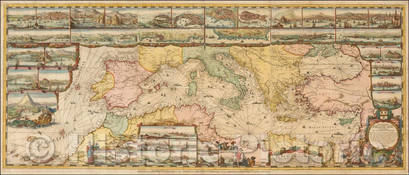 Historic Map - Carte Nouvelle De La Mer Mediterranee ou sont Exactement Remarque/Map of the Mediterranean of the 17th Century, 1694, Romeyn De Hooghe - Vintage Wall Art