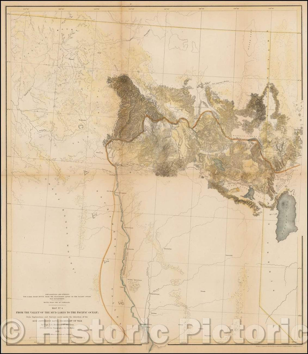 Historic Map - Map No. 4 From The Valley of the Mud Lakes to the Pacific Ocean; from Explorations and Surveys made, 1855, U.S. Pacific RR Surveys - Vintage Wall Art