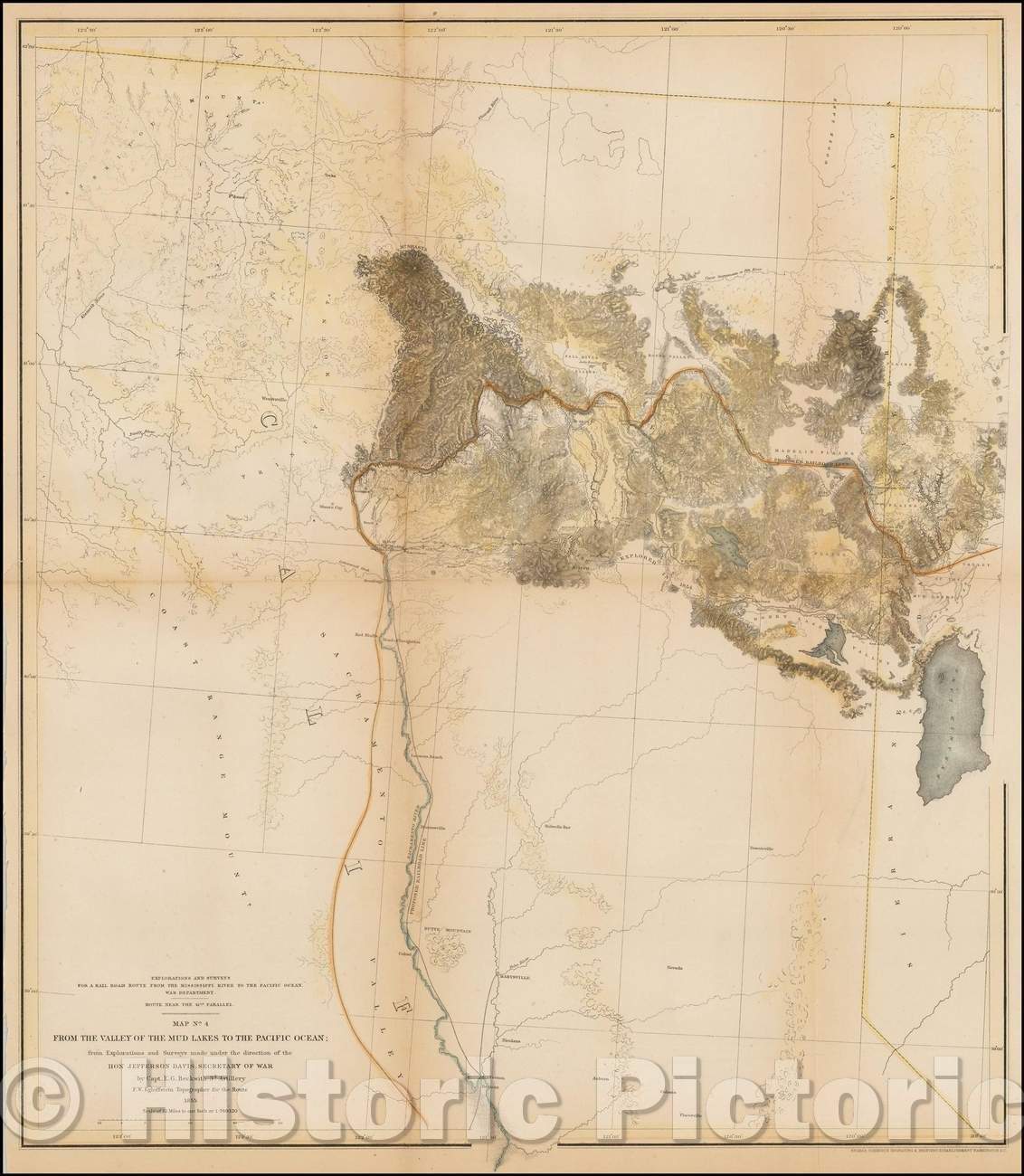 Historic Map - Map No. 4 From The Valley of the Mud Lakes to the Pacific Ocean; from Explorations and Surveys made, 1855, U.S. Pacific RR Surveys - Vintage Wall Art