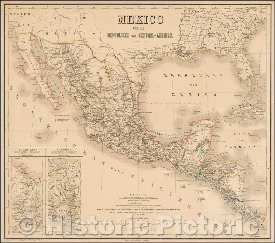 Historic Map - Mexico und die Republiken von Central-America/Map of Central America, Mexico and the contiguous parts of California, New Mexico, Texas, 1860 - Vintage Wall Art