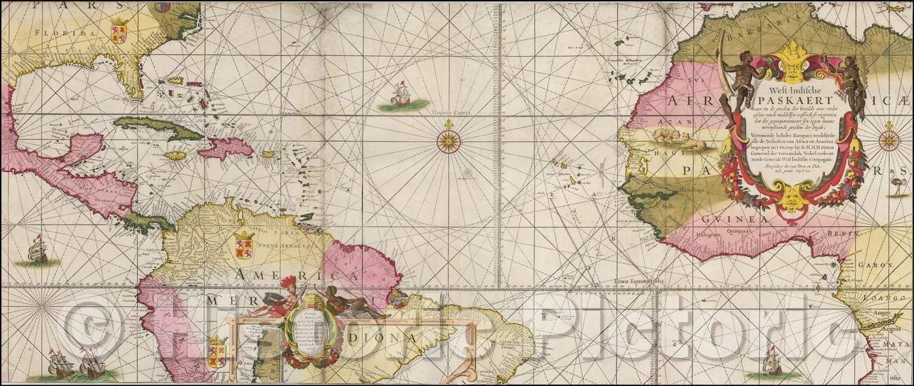 Historic Map - West-Indische Paskaert waer in de graden der breedde over weder zyden vande/West Africa, Caribbean, Central, South America, 1680 - Vintage Wall Art