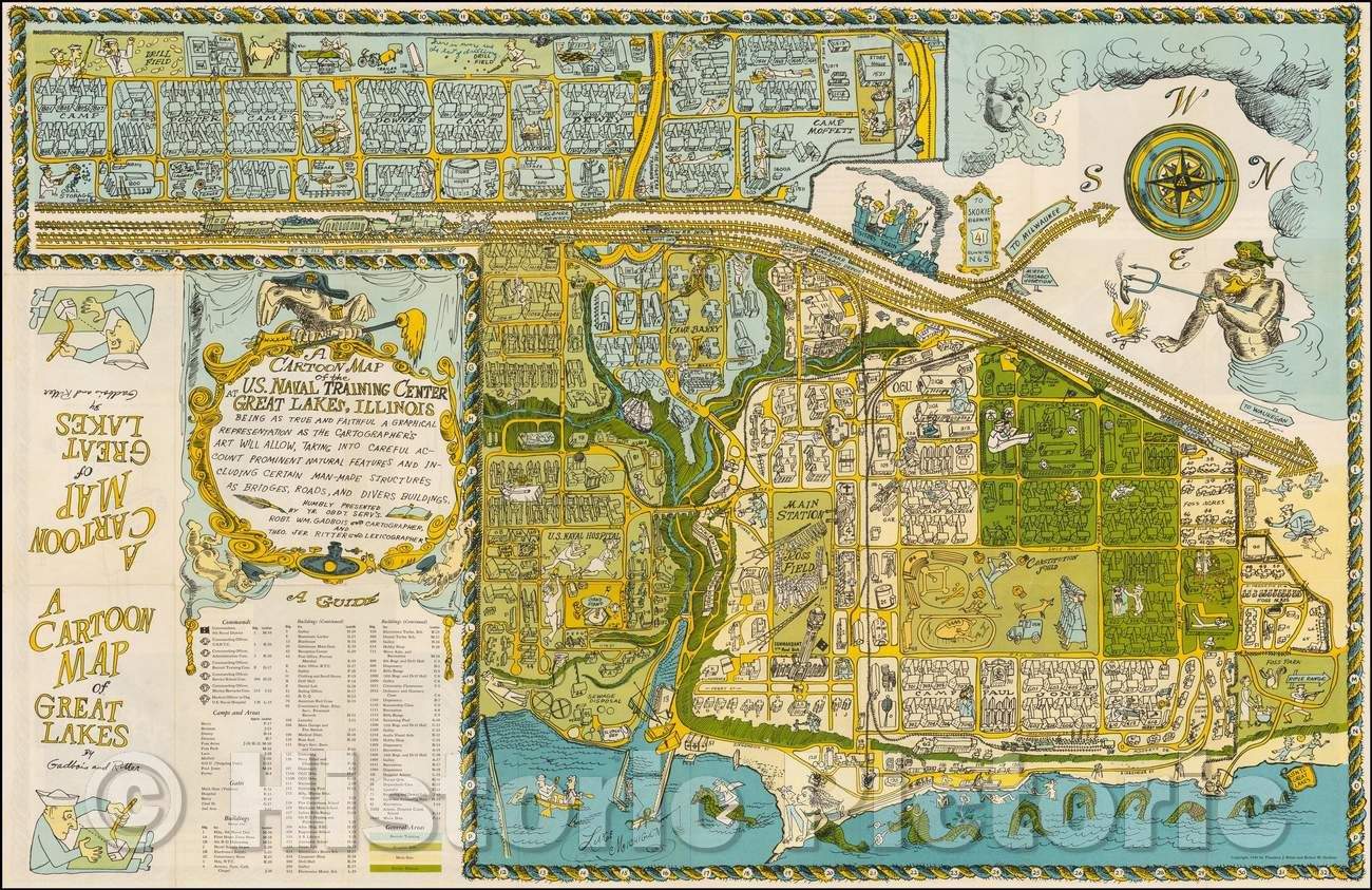 Historic Map - A Cartoon Map of the US. Naval Training Center at Great Lakes, 1949, Robert William Gadbois - Vintage Wall Art